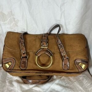 Vintage Y2K Tan Suede Shoulder Bag Snakeskin Trim Gold O-Ring Buckle Studded